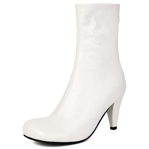 LIPIJIXI Mid Calf Vintage Boots for Women Patent Leather Round Toe Costume Goth Halloween Witch Stuff Cuban Heel White Granny 70S Boots Size 5 von LIPIJIXI