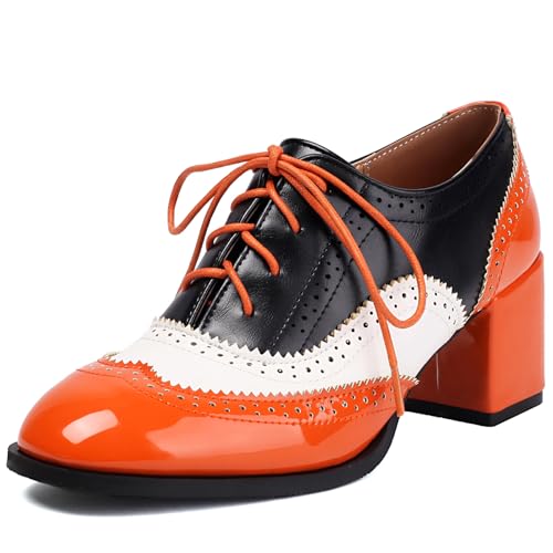 LIPIJIXI Mixed Colors Jahrgang Oxfords Schnüren Klassischer Sewing Brogue für Frauen Block Low Heel Runde Zehen Mary Jane Orange Hochzeit Party Clubwear Ball Prom Homecoming Buro Pumps Schuhe Size 8 von LIPIJIXI
