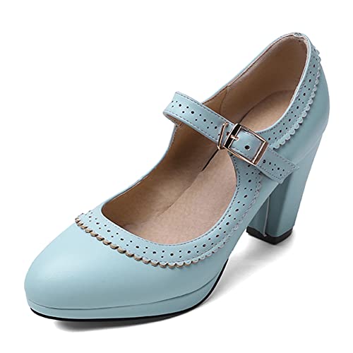 LIPIJIXI Mode Damen Absatz Chunky Bow Pumps Block Heel Mary Janes Plateau Runde Zehen Pumps Lolita Süss ScHohe Dress Sandalen Blue 36 von LIPIJIXI