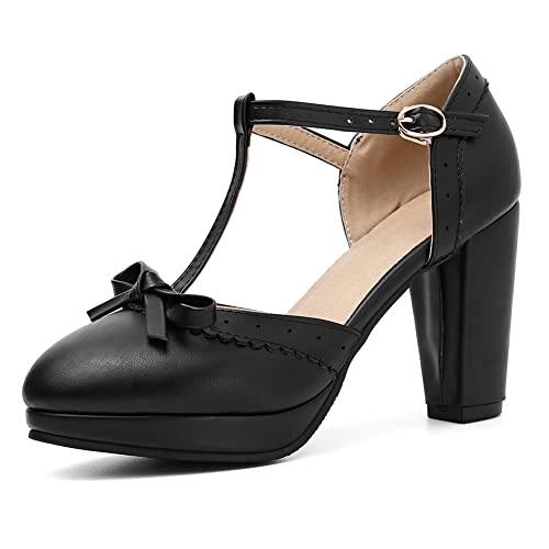 LIPIJIXI Mode Damen T-Strap Hohe Ferse Bow Pumps Runde Zehen Pumps Lolita Süss ScHohe Dress Sandalen Block Heel Mary Janes Pumps Black 41 von LIPIJIXI