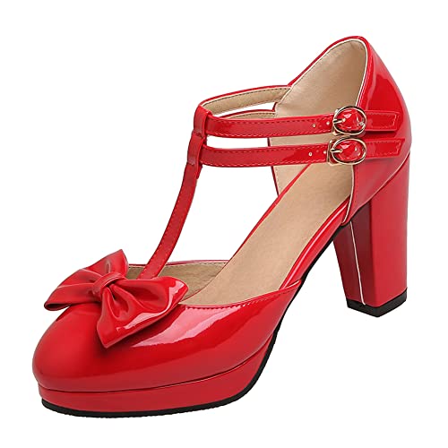 LIPIJIXI Mode Damen T-Strap Hohe Ferse Bow Pumps Runde Zehen Pumps Lolita Süss ScHohe Dress Sandalen Block Heel Mary Janes Pumps Red 48 von LIPIJIXI