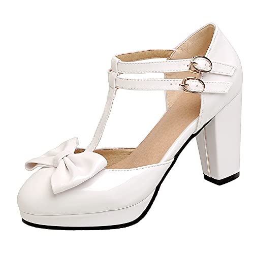 LIPIJIXI Mode Damen T-Strap Hohe Ferse Bow Pumps Runde Zehen Pumps Lolita Süss ScHohe Dress Sandalen Block Heel Mary Janes Pumps White 47 von LIPIJIXI