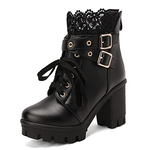 LIPIJIXI Mode Damen’s Plateau Heel Knöchel Stiefel Jeans Absatz Chunky Süss Stiefeletten Damen’s Triple Schnalle Straps Goth Kampfstiefel Black Size 38 von LIPIJIXI