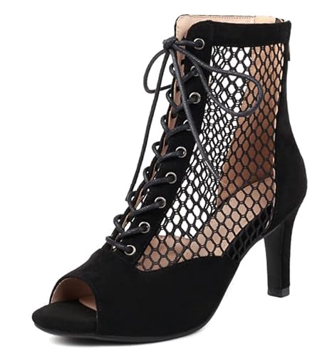 LIPIJIXI Mode High Top Mesh Stiefeletten Schnüren Mesh Heels Peep Toe Stiefeletten Open Toe Stiefeletten für Frauen Black Stiletto Stiefeletten für Frauen Size 37 von LIPIJIXI