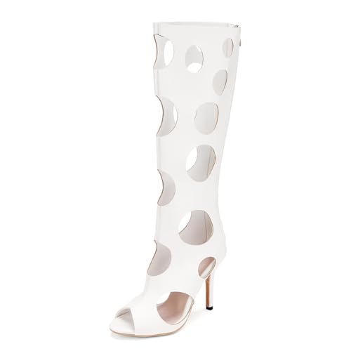 LIPIJIXI Mode High Top Peep Toe Knee Hohe Stiefel für Frauen Stiletto Heel Open Toe Rome Sandalen Sexy White Back Zipper Cut Out Sandalen Sandalen Size 5 von LIPIJIXI