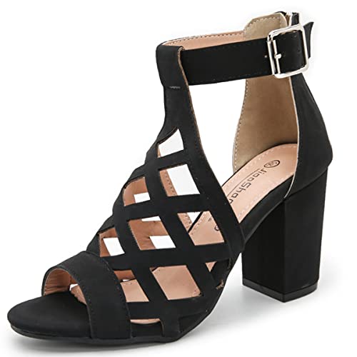 LIPIJIXI Mode Peep Toe Stiefeletten für Frauen Cutout Block Heels Sandalen Gladiator Sommer Mesh Stiefeletten Black Open Toe Stiefeletten with Zipper Size 40 von LIPIJIXI