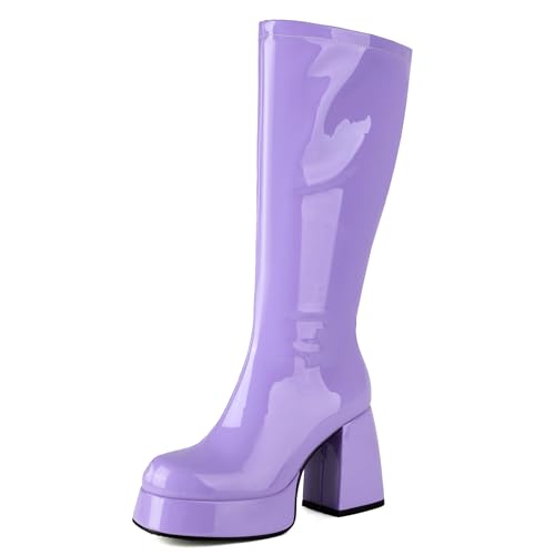 LIPIJIXI Mode Plateau Knee Hohe Stiefel GoGo Stiefel of the 70s Runde Zehen Disco Stiefel Absatz Chunky Metallic Slim Lange Stiefel Lack Side Zipper Hohe Stiefel Size 8 von LIPIJIXI