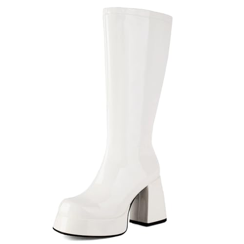 LIPIJIXI Mode Plateau Knee Hohe Stiefel GoGo Stiefel of the 70s Runde Zehen Disco Stiefel Absatz Chunky Metallic Slim Lange Stiefel Lack Side Zipper Hohe Stiefel Size 9 von LIPIJIXI