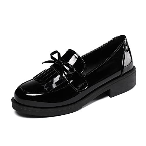 LIPIJIXI Mode Plateau Loafers für Frauen Slip-On Penny Loafers with Wedge Heel Runde Zehen Low Loafers Quasten Schule Schuhe Lack Black Size 48 von LIPIJIXI