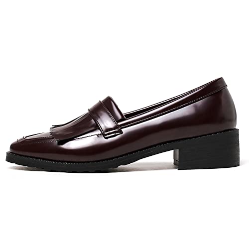 LIPIJIXI Mode Plateau Loafers für Frauen Slip-On Penny Loafers with Wedge Heel Runde Zehen Low Loafers Quasten Schule Schuhe Lack Claret Size 38 von LIPIJIXI