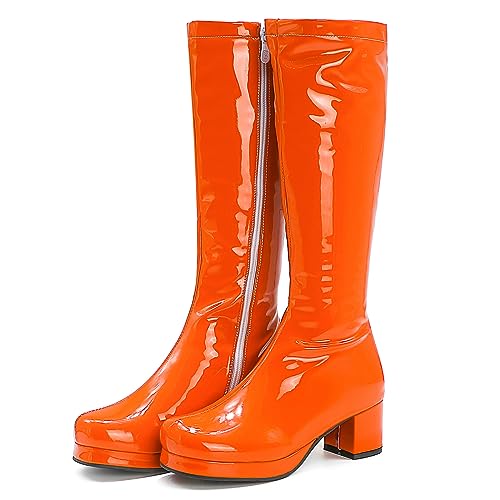 LIPIJIXI Orange Knee Höhe Stiefel GoGo Stiefel of the 70s Runde Zehen Disco Stiefel Absatz Chunky Plateau Stiefel Lack Side Zipper Höhe Stiefel Size 38 von LIPIJIXI