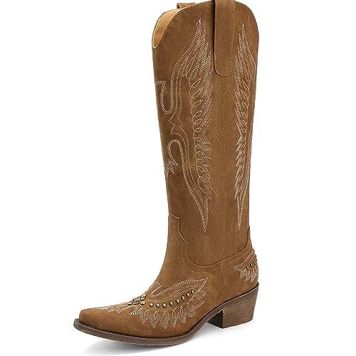 LIPIJIXI Retro Embroider Brown Cowboy Stiefel Rivet Knee High Cowgirl Stiefel für Frauen Pull On Low Chunky Heel Western Stiefel Hochzeit Braut Lange Stiefel von LIPIJIXI