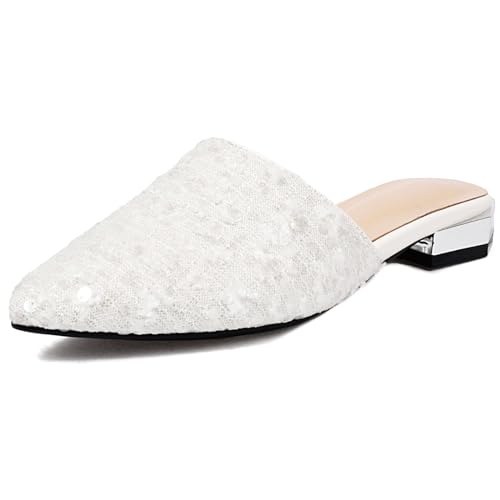 LIPIJIXI Sequined Cloth Flach Pantoletten für Frauen Pointed Toe Sparkly Sandalen Slingback Pumps Slides Backless White Ohne Verschluss Dress Sandalen Size 10.5 von LIPIJIXI