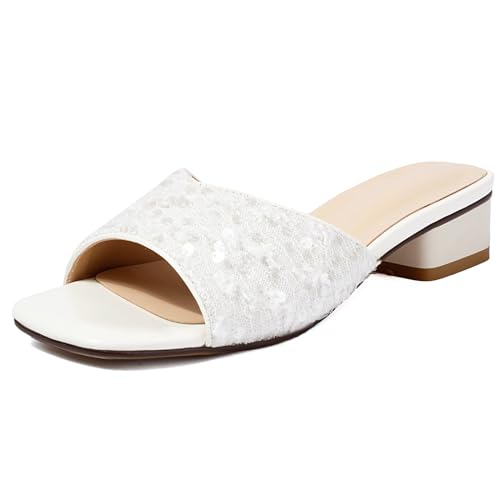 LIPIJIXI Sequined Cloth Low Heele Pantoletten für Frauen Square Toe Sparkly Sandalen Slingback Sandalen Slides Backless White Ohne Verschluss Dress Sandalen Size 10.5 von LIPIJIXI