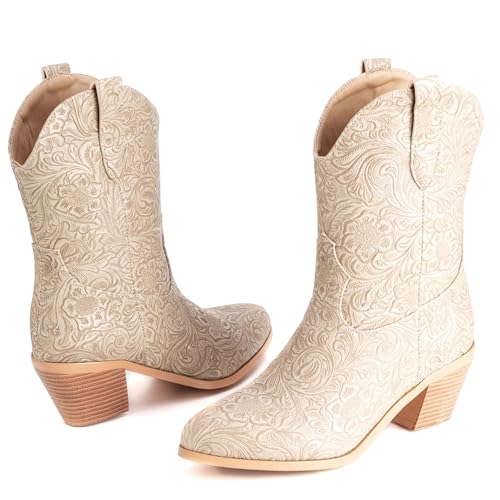 LIPIJIXI Vintage Print Cowboy Boots for Women Slip On Stacked Heel Clubwear Wedding Party Casual Wide Calf V-neck Country Cowgirl Western Apricot Ankle Boots Size 12 von LIPIJIXI