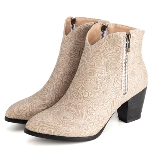 LIPIJIXI Vintage Print Cowboy Boots for Women Slip On Stacked Heel Clubwear Wedding Party Casual Wide Calf V-neck Country Cowgirl Western Apricot Ankle Boots Size 9 von LIPIJIXI