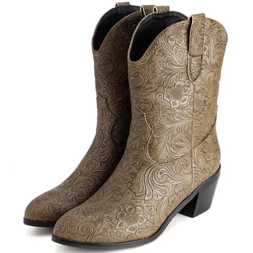 LIPIJIXI Vintage Print Cowboy Boots for Women Slip On Stacked Heel Clubwear Wedding Party Casual Wide Calf V-neck Country Cowgirl Western Army green Ankle Boots Size 4 von LIPIJIXI