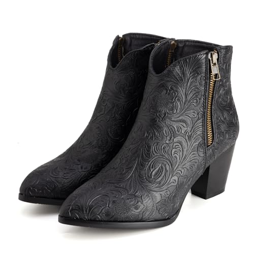 LIPIJIXI Vintage Print Cowboy Boots for Women Slip On Stacked Heel Clubwear Wedding Party Casual Wide Calf V-neck Country Cowgirl Western Black Ankle Boots Size 10.5 von LIPIJIXI