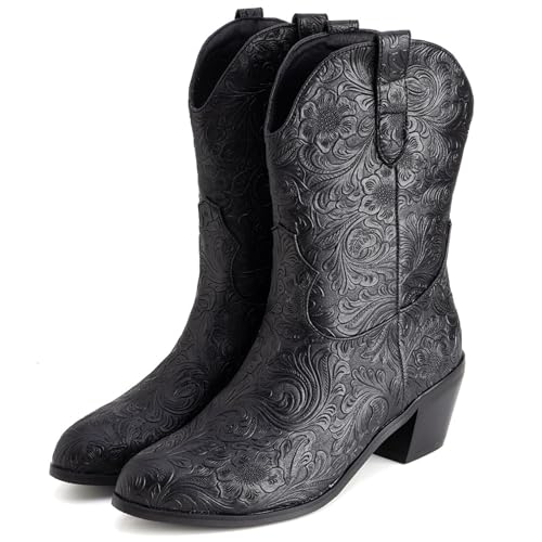 LIPIJIXI Vintage Print Cowboy Boots for Women Slip On Stacked Heel Clubwear Wedding Party Casual Wide Calf V-neck Country Cowgirl Western Black Ankle Boots Size 11 von LIPIJIXI