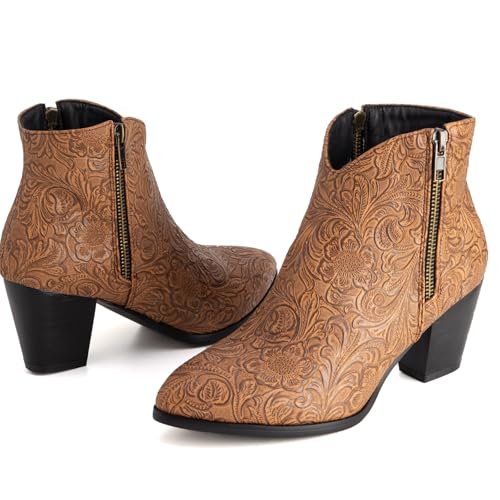 LIPIJIXI Vintage Print Cowboy Boots for Women Slip On Stacked Heel Clubwear Wedding Party Casual Wide Calf V-neck Country Cowgirl Western Brown Ankle Boots Size 12.5 von LIPIJIXI