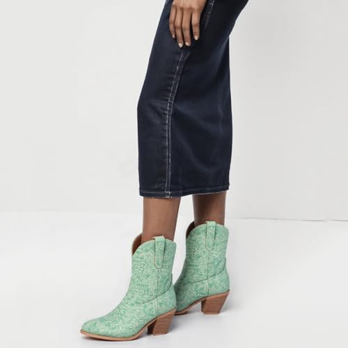 LIPIJIXI Vintage Print Cowboy Boots for Women Slip On Stacked Heel Clubwear Wedding Party Casual Wide Calf V-neck Country Cowgirl Western Green Ankle Boots Size 11 von LIPIJIXI