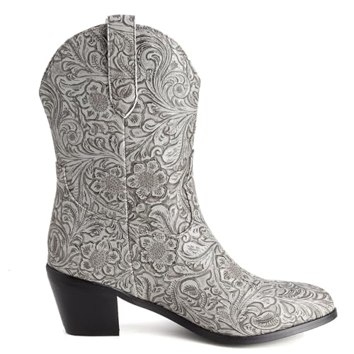 LIPIJIXI Vintage Print Cowboy Boots for Women Slip On Stacked Heel Clubwear Wedding Party Casual Wide Calf V-neck Country Cowgirl Western Grey Ankle Boots Size 7 von LIPIJIXI