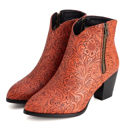 LIPIJIXI Vintage Print Cowboy Boots for Women Slip On Stacked Heel Clubwear Wedding Party Casual Wide Calf V-neck Country Cowgirl Western Orange Ankle Boots Size 5 von LIPIJIXI