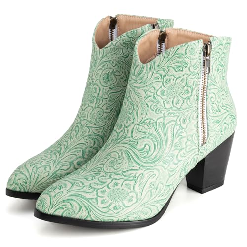 LIPIJIXI Vintage Print Cowboy Boots for Women Slip On Stacked Heel Clubwear Wedding Party Casual Wide Calf V-neck Country Cowgirl Western light green Ankle Boots Size 12 von LIPIJIXI