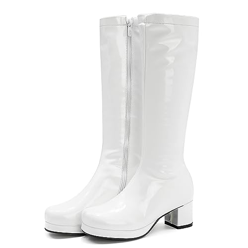 LIPIJIXI White Knee Höhe Stiefel GoGo Stiefel of the 70s Runde Zehen Disco Stiefel Absatz Chunky Plateau Stiefel Lack Side Zipper Höhe Stiefel Size 48 von LIPIJIXI