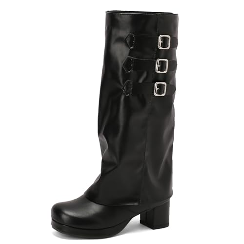 LIPIJIXI Wide Calf Knee Hohe Stiefel Block Heel Schnalle Stiefel für Frauen Black Side Zipper Performance Cowboy Stiefel Runde Zehen High Heel Lange Stiefel Size 12.5 von LIPIJIXI