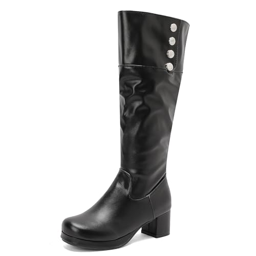 LIPIJIXI Women Fashion Fold Collar Slim 70s GoGo Knee High Boots Round Toe Chunky High Heels Side Zipper Clubwear Party Evening Wedding Tall Boots Size 11 von LIPIJIXI