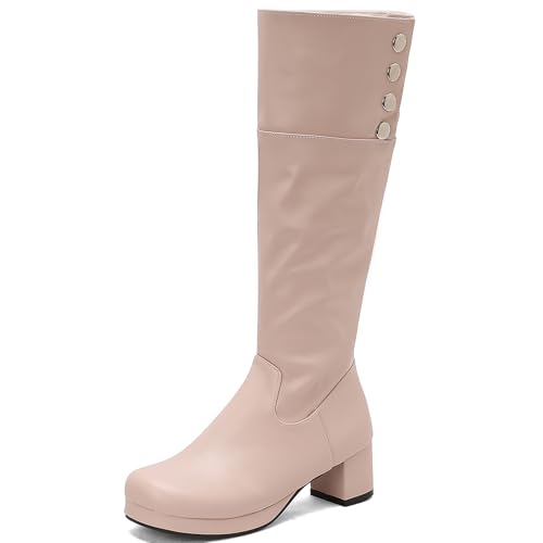 LIPIJIXI Women Fashion Fold Collar Slim 70s GoGo Knee High Boots Round Toe Chunky High Heels Side Zipper Clubwear Party Evening Wedding Tall Boots Size 12.5 von LIPIJIXI