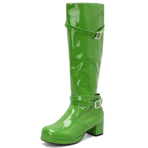 LIPIJIXI Women Fashion Slim 70s GoGo Knee High Boots Round Toe Chunky High Heels Platform Patent Side Zipper Clubwear Party Evening Wedding Tall Disco Boots Size 10 von LIPIJIXI