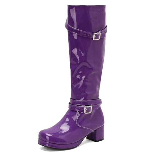 LIPIJIXI Women Fashion Slim 70s GoGo Knee High Boots Round Toe Chunky High Heels Platform Patent Side Zipper Clubwear Party Evening Wedding Tall Disco Boots Size 10 von LIPIJIXI