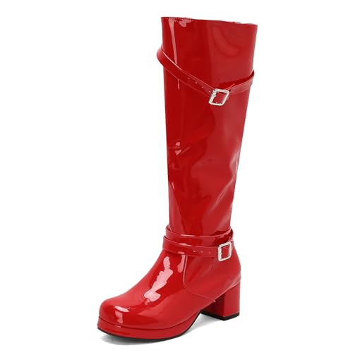 LIPIJIXI Women Fashion Slim 70s GoGo Knee High Boots Round Toe Chunky High Heels Platform Patent Side Zipper Clubwear Party Evening Wedding Tall Disco Boots Size 7.5 von LIPIJIXI