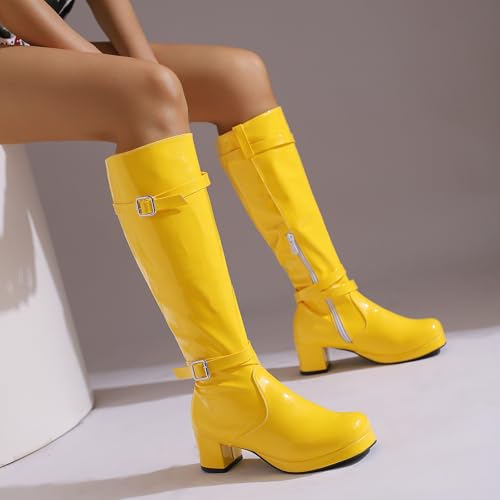 LIPIJIXI Women Fashion Slim 70s GoGo Knee High Boots Round Toe Chunky High Heels Platform Patent Side Zipper Clubwear Party Evening Wedding Tall Disco Boots Size 7.5 von LIPIJIXI