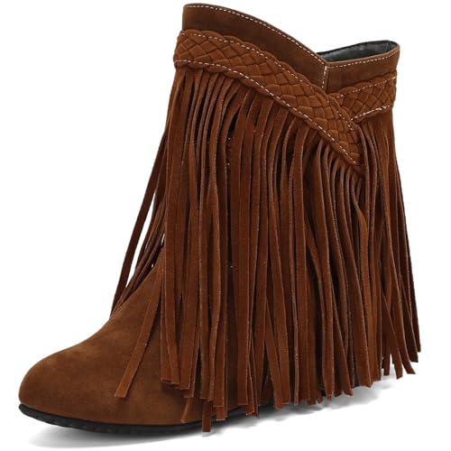 LIPIJIXI Women's Classic Fringe Moccasin Boots Suede Tassel Ankle Boots Wedges Heel Fringe Western Boots Round Toe Slip On Cowgirl Boots Yellow Bohemia Wide Calf Booties Size 11 von LIPIJIXI
