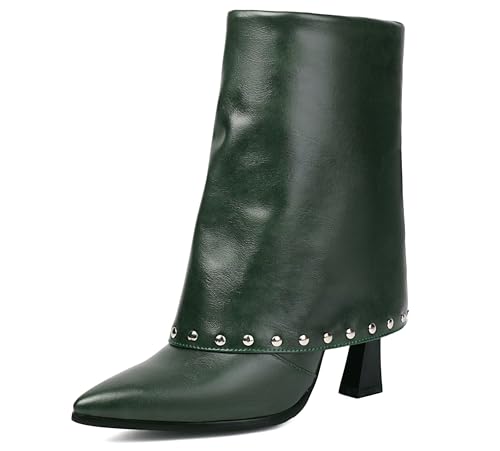 LIPIJIXI Women's Fold Over Rhinestone Mid Calf Boots Vintage Studded Rivet Wide Calf Slip On Stiletto High Heel Evening Clubwear Wedding Party Office Green Boots Size 7 von LIPIJIXI