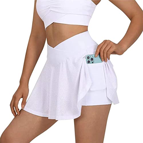 Damen Plissiert Tennisrock Damen Sport Rock Tennis Rock Golf Yoga Skort mit Innenhose Taschen Mini Skirt Weiß von LIPIODOL