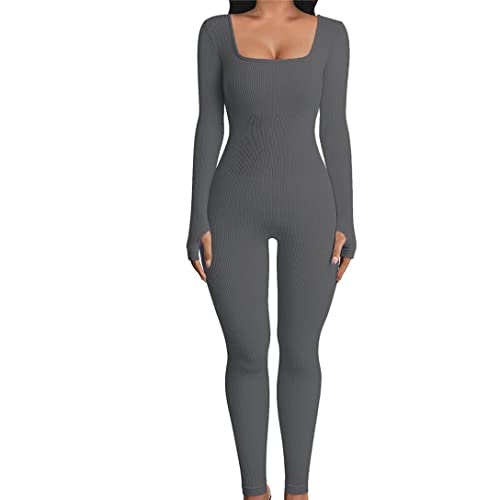 LIPIODOL Damen yoga jumpsuits workout gerippte Strick langarm Sport Jumpsuits U-Ausschnitt Figurbetontem Overall Fitness Slim Jogginganzug von LIPIODOL