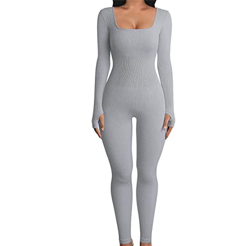 LIPIODOL Damen yoga jumpsuits workout gerippte Strick langarm Sport Jumpsuits U-Ausschnitt Figurbetontem Overall Fitness Slim Jogginganzug von LIPIODOL