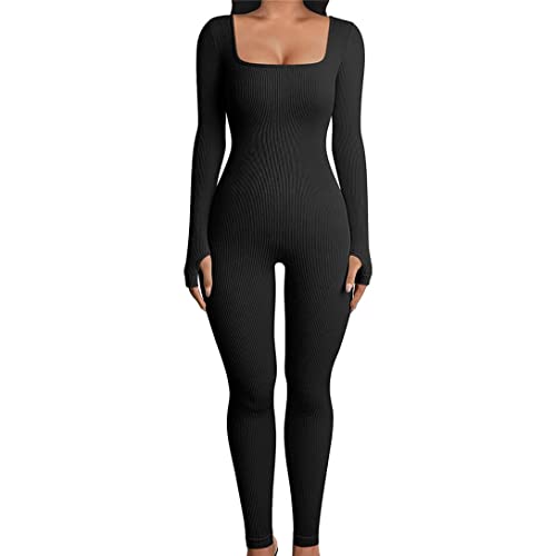 LIPIODOL Damen yoga jumpsuits workout gerippte Strick langarm Sport Jumpsuits U-Ausschnitt Figurbetontem Overall Fitness Slim Jogginganzug von LIPIODOL