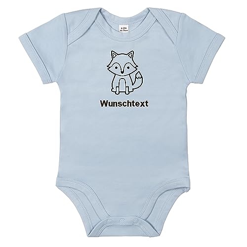 LIQUISIGN Baby Strampler mit Name Wunschtext Bedruckt | Motiv Fuchs | Babyblau - 0-3 Monate | Personalisierter Bodysuit mit Druckknöpfen | Baby Body aus 100% Baumwolle von LIQUISIGN