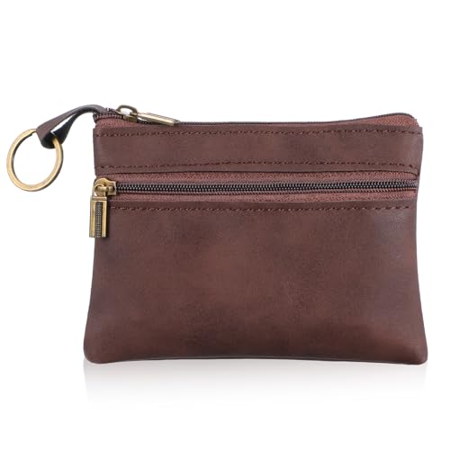 LIQWEI 1 Stück Kleingeldbörse Für Herren, Münzgeldbörse aus echtem Leder Klein Münzbeutel Schlüsseletui Braun Geldbörse Münzbeutel mit Schlüsselanhänger von LIQWEI