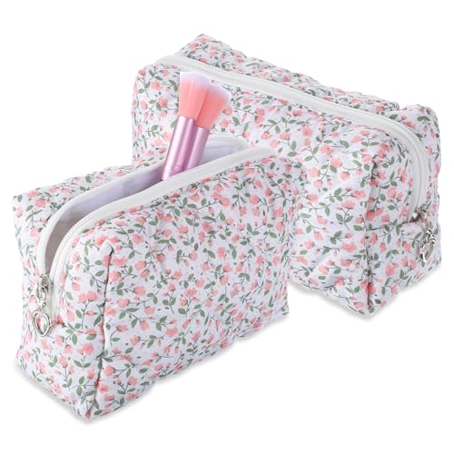 LIQWEI 2 Stück Gesteppte Kosmetiktasche, Blumenmuster Kulturtasche, Reise Waschtasche Tragbare Makeup Tasche Reißverschluss Organizer Tasche für Make-up-Pinsel und Beauty-Tools Mädchen Frauen von LIQWEI