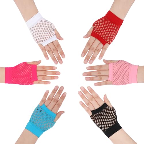 LIQWEI 6 Paar Fischnetz Handschuhe, Ingerlose Neon Handschuhe Fingerlose Fisch Netz Handschuhes Modische Fisch Netz Handschuhes Für Cosplay Halloween Stulpen Pinke Neon Party Accessoires (6 Farben) von LIQWEI