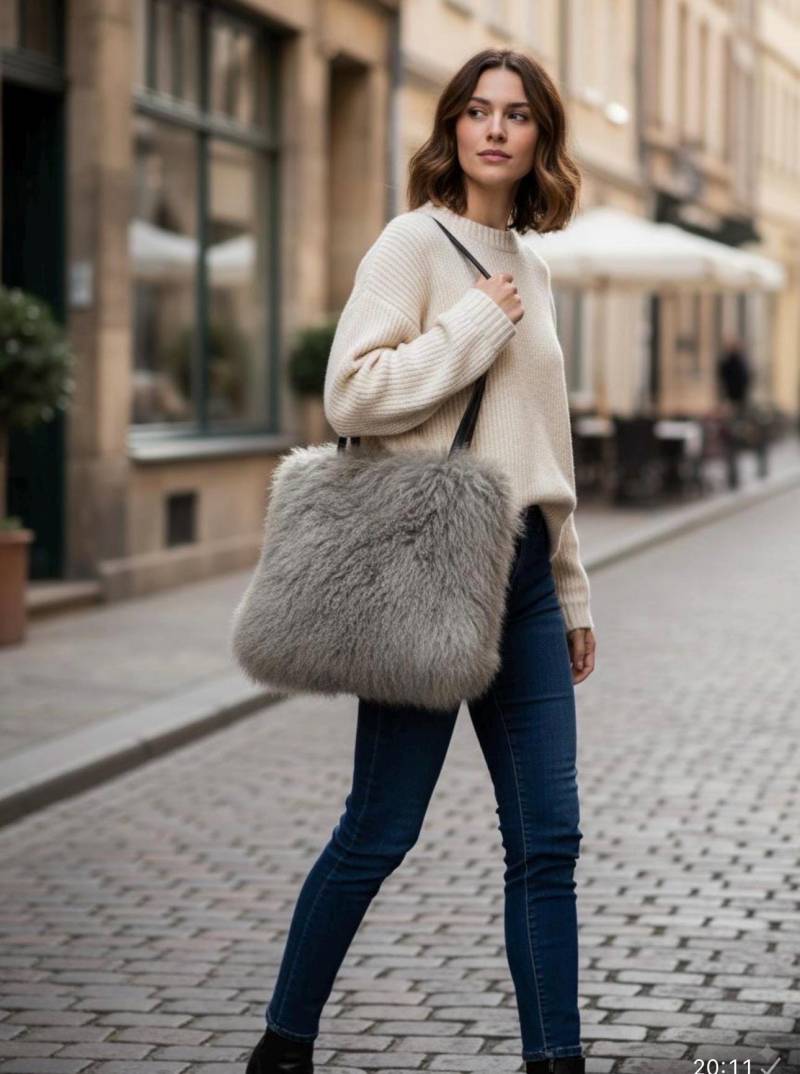 Echtfell Tasche Handtasche Schultertasche Xl Shopper Pelz Aus Echtem Tibet Lammfell - Luxus Superweich & Flauschig, Handmade von LIRADEKOstore