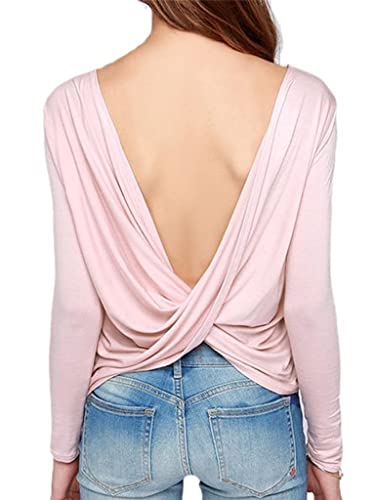 LIREROJE Damen Lose Rückenfrei Langarm Top Bluse - Pink - X-Klein von LIREROJE