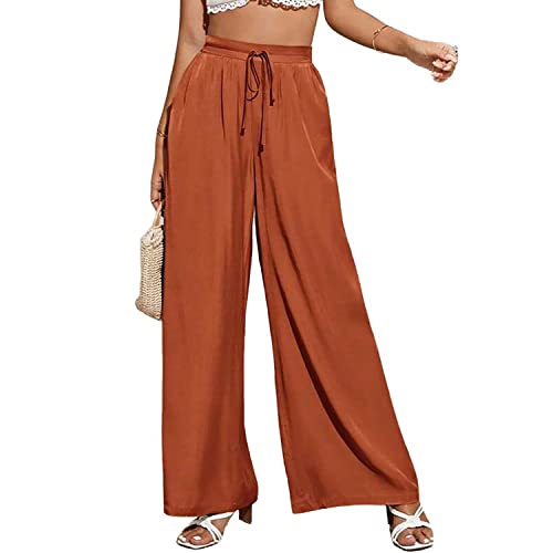 LIUYUYOUGO Palazzo Hose Damen, Damen-Leinenhose Elegante Feste Hose Mit Weitem Bein Kordelzug Elastische Hohe Taille Palazzo-Hose Lässige Leichte Sommerhose Lässige Haremshose Oceanside Pants,Ros von LIUYUYOUGO