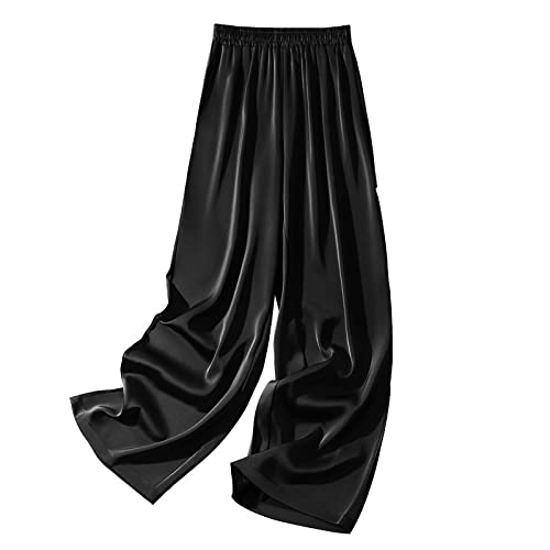 LIUYUYOUGO Palazzo Hose Damen, Damen-Satin-Hose Mit Weitem Bein Mode Einfarbig Dehnbare Taille Gesmokte Hose Elegante Palazzo-Hose Lässige Leichte Bequeme Sommerhose Straight Leg Pants Bottoms,Schw von LIUYUYOUGO